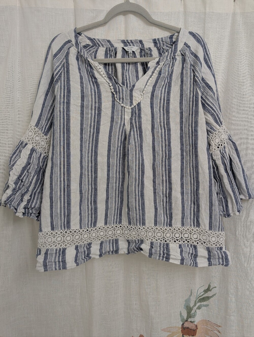 Crown & Ivy Blue White Striped Bell Sleeve Lace Trim Blouse XL